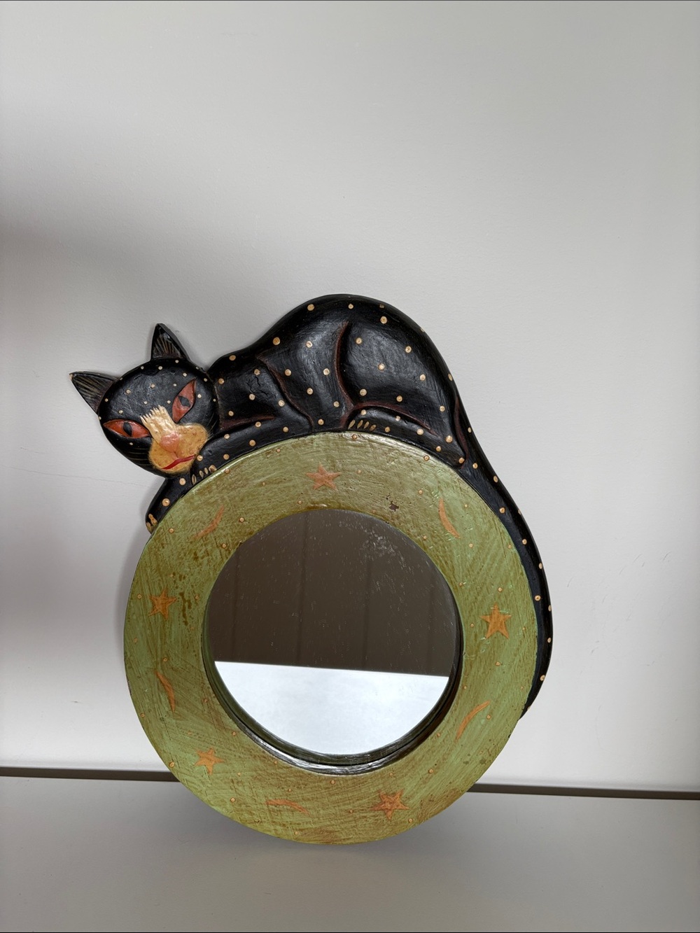 Whimsical Black Cat Moon Mirror – Folk Art Celestial Wall Decor